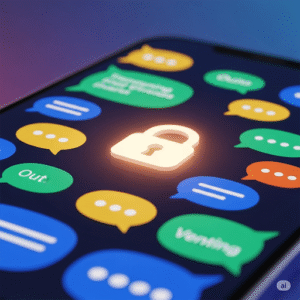 Anonim dertleşme uygulaması temalı görsel: telefon ekranında sohbet balonları ve kilit simgesi