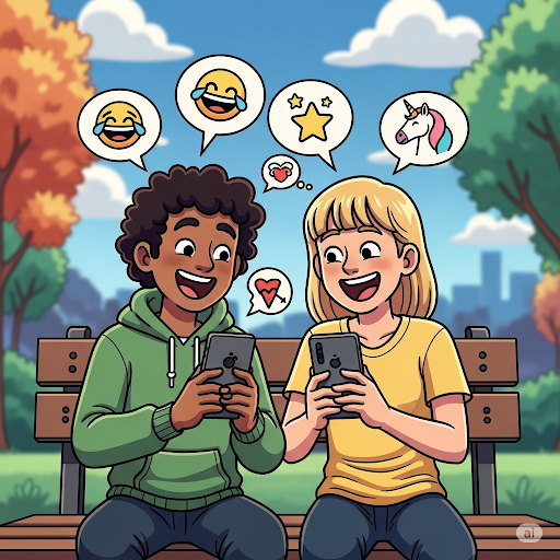 Eglenceli-ve-Keyifli-Sohbet-Konulari - Eğlenceli sohbet konuları sayesinde telefonlarından mesajlaşırken mutlu bir şekilde gülen iki arkadaşı gösteren karikatür.