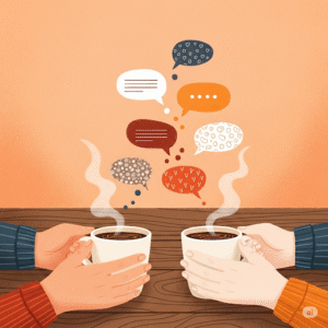 Sicak-Bir-Sohbet-ve-Dertlesme-Anlami - Sıcak bir kahve eşliğinde yapılan samimi bir dertleşme ve sohbetin anlamını simgeleyen illüstrasyon.