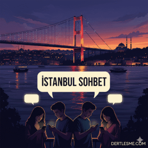 İstanbul Boğazı ve köprü manzarası eşliğinde, Dertlesme.com'da mobil cihazlarından İstanbul sohbet odalarına katılan mutlu gençler.