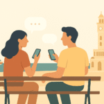 İzmir'in ikonik Saat Kulesi önünde bankta oturmuş, telefonlarından Dertlesme.com ile İzmir sohbet eden bir kadın ve bir erkek.