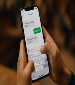 Akıllı telefonunda sohbet uygulamasıyla mesajlaşan bir kullanıcı