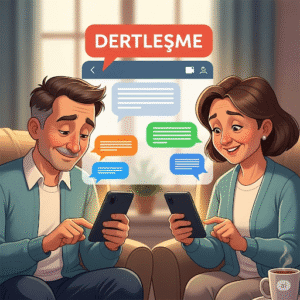 Orta yaşlı bir erkek ve kadının telefonla yazışarak online dertleşme ve sohbet etmesi konulu karikatür.