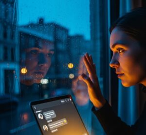 Pencereden dışarı bakan bir kişi; online sohbet ile yalnızlıkla başa çıkma teması