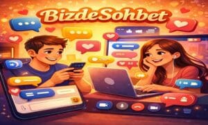 BizdeSohbet platformunda mobil ve bilgisayar üzerinden samimi bir şekilde sohbet eden iki kişinin illüstrasyonu.