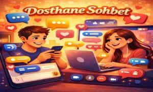 Dosthane sohbet platformunda mobil ve bilgisayar üzerinden samimi bir şekilde sohbet eden kullanıcıları temsil eden illüstrasyon.