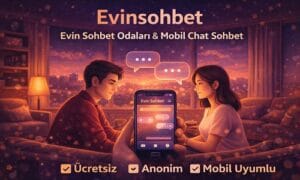 Evinsohbet mobil evin sohbet odalarında ücretsiz ve güvenli evin chat sohbet deneyimini gösteren dijital illüstrasyon