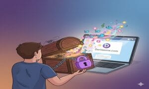 Kimseye anlatamadığı sırlarını dertleşme sitesinde paylaşarak rahatlayan kişi karikatürü.