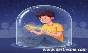 Cam bir fanusun içinde oturan, elinde dertleşme anahtarı tutan ve güven problemi yaşayan temsilî erkek karikatürü.