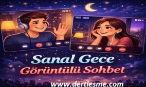 Yıldızların altında, samimiyetin ve gerçek göz temasının ön planda olduğu sanal gece görüntülü chat atmosferini yansıtan illüstrasyon.