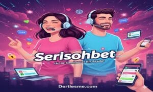 Serisohbet giriş sayfasında kulaklıklarıyla neşeyle sohbet eden, mobil ve masaüstü cihazlardan anlık chat yapan genç kullanıcılar.
