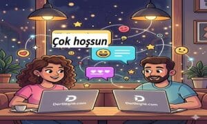 Dertlesme.com üzerinde bilgisayardan anonim sohbet eden genç kadın ve erkek karikatürü