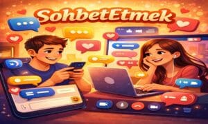 SohbetEtmek platformunda mobil ve bilgisayar üzerinden keyifli bir şekilde sohbet eden iki kişinin illüstrasyonu.