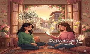 Karmasık düsüncelerden kurtulup bir yabancıyla dertleserek huzur bulan iki kadını simgeleyen dertlesme.com görseli.