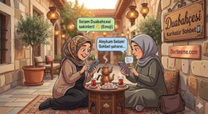 duabahcesi sohbet - Duabahcesi sohbet odalarında telefonla mesajlaşan iki kadın karikatür çizimi.