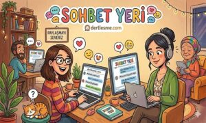 Sohbet Yeri ve Dertleşme Görseli - Farklı yaş gruplarından yetişkinlerin bilgisayar ve tablet başında neşeyle sohbet ettiği, üzerinde "Sohbet Yeri" ve "dertlesme.com" yazılı sıcak bir karikatür illüstrasyonu.