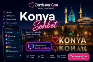 Konya sohbet odalarını tanıtan Dertlesme.com görseli, Mevlana Müzesi ve Konya şehir manzarası eşliğinde ücretsiz mobil sohbet platformu.