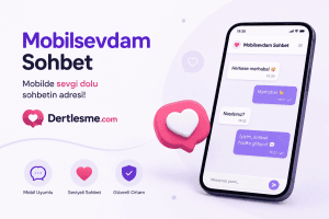 Promotional banner for Mobilsevdam Sohbet: bold purple headline with a tilted smartphone showing chat messages and app visuals on the right.