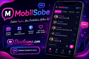 Neon-lit MobilSobe promotional banner featuring a tilted smartphone displaying a dark chat app and pink-blue branding elements, with a call-to-action feel.